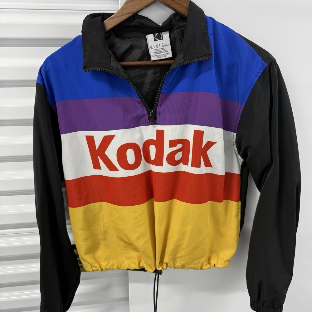 Kodak Windbreaker Jacket Small Colorblock Logo 1/4 Zip Pullover Retro Camera
